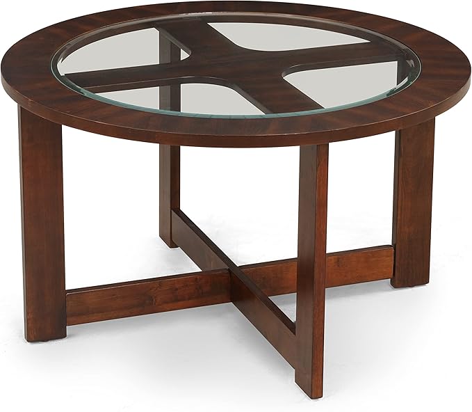 Roundhill Furniture Cylina Solid Wood Glass Top Round Coffee Table with 4 Stools, Espresso