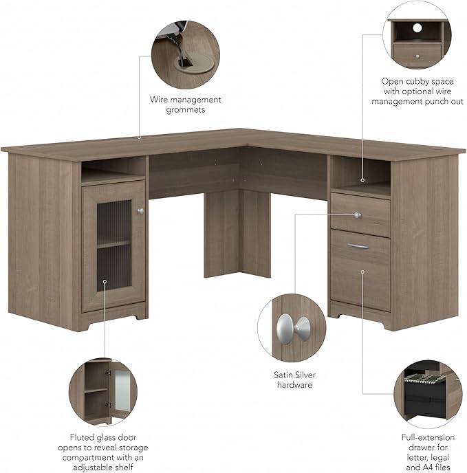 Bush Furniture Cabot L Shaped Computer Desk in Ash Gray | Corner Table with Drawers for Home Office