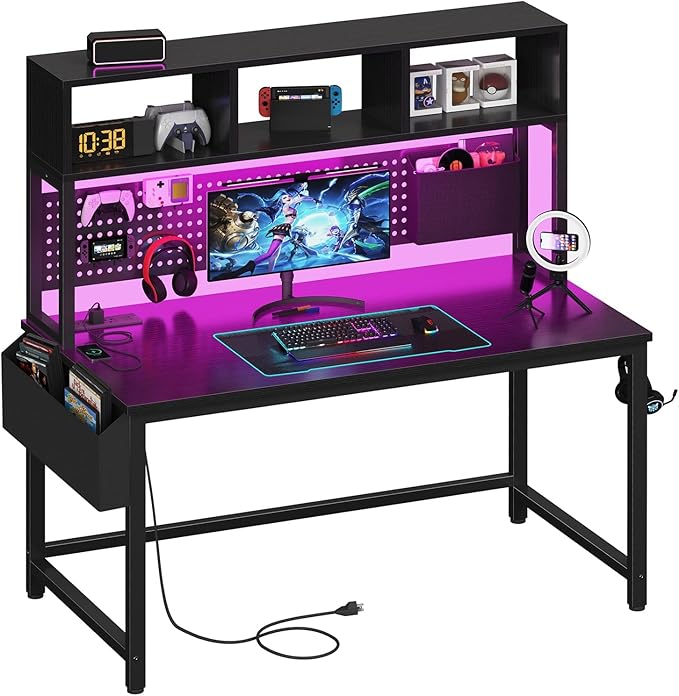 Black Gaming Desk with Hutch and Pegboard - 47 Inch Gaming Desk with Shelves Storage Power Outlets, Computer Teen Work Study Writing Desks for Bedroom Home Office