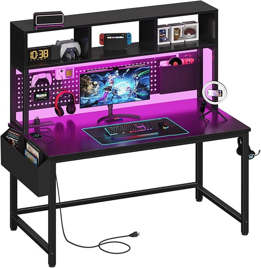 Black Gaming Desk with Hutch and Pegboard - 47 Inch Gaming Desk with Shelves Storage Power Outlets, Computer Teen Work Study Writing Desks for Bedroom Home Office