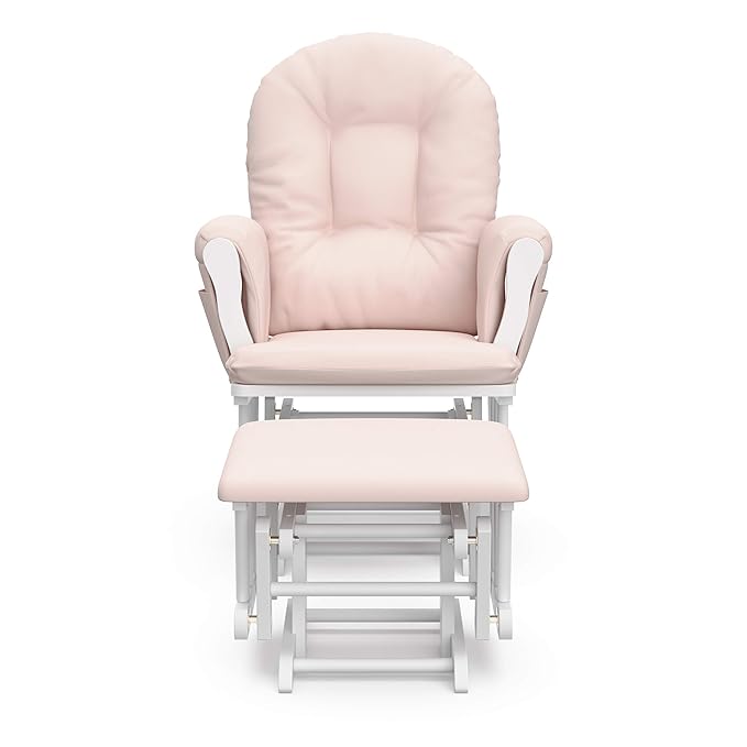 Storkcraft Premium Hoop Glider & Ottoman (White/Pink) — GREENGUARD Gold Certified Nursery Glider, Solid Wood Craftsmanship, Smooth-Gliding Nursery Chair and Ottoman, Award-Winning