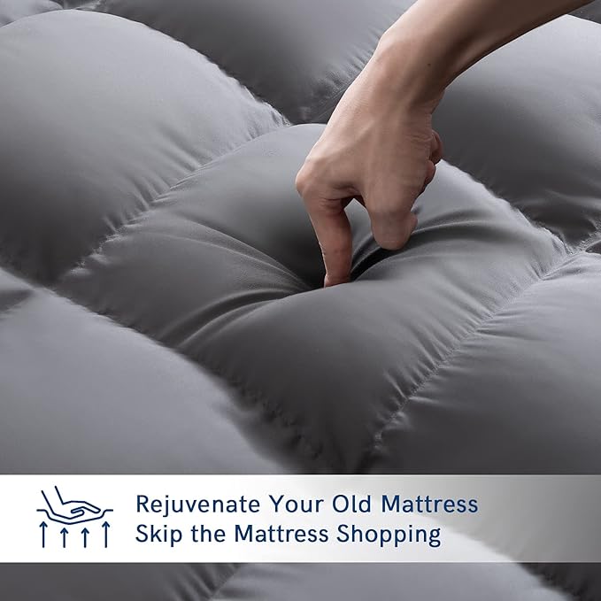 ELEMUSE Full Grey Mattress Topper for Back Pain, Extra Thick Mattress Pad Cover, Plush Soft Pillowtop with Elastic Deep Pocket, Overfilled Down Alternative Filling