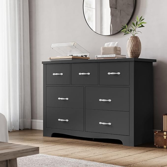 LINSY HOME 7 Drawers Dresser for Bedroom, 47" Wide Rustic Wood Dressers & Chests of Drawers, Modern Storage Dresser with Antique Handles for Closet, Living Room, Hallway, Black
