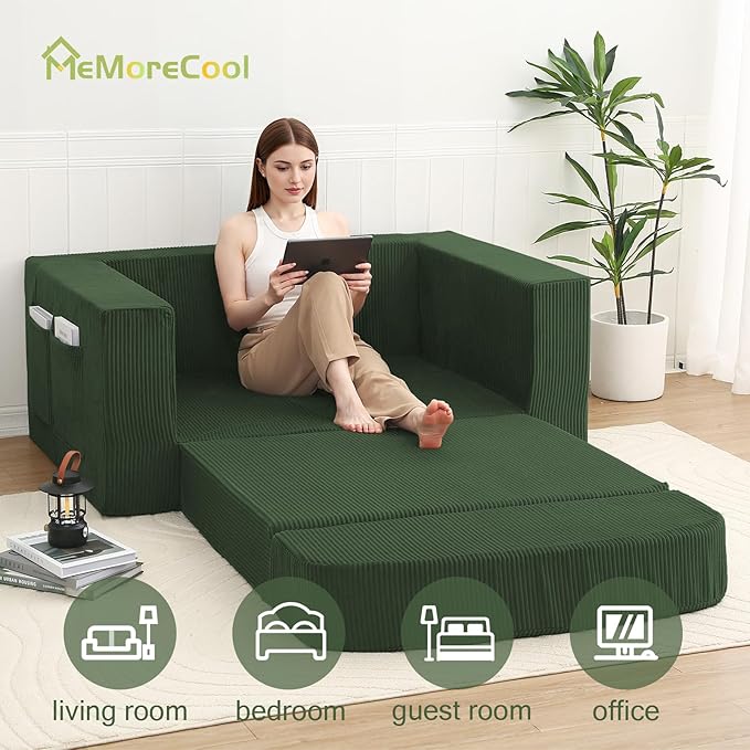 MeMoreCool Cozy Small-Space Convertible Loveseat to Guest Bed – Boneless Corduroy Floor Couch with High-Density Foam, Removable Washable Cover, No-Assembly Fold-Out Sofa