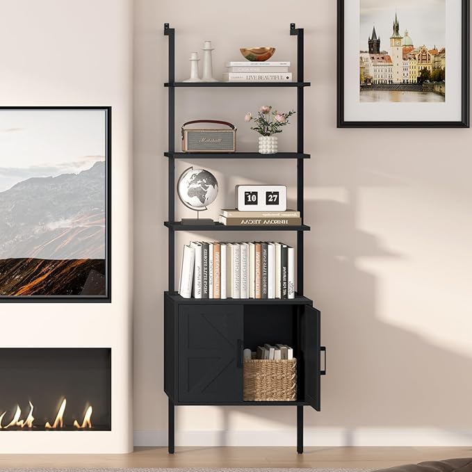 Yusong 73" Tall Bookshelf with Cabinet, Industrial Ladder Wall Mount Shelf Farmhouse Bookcase with Wood and Metal Frame, Plant Shelf Wall Storage Display for Living Room Bedroom, Farmhouse Black
