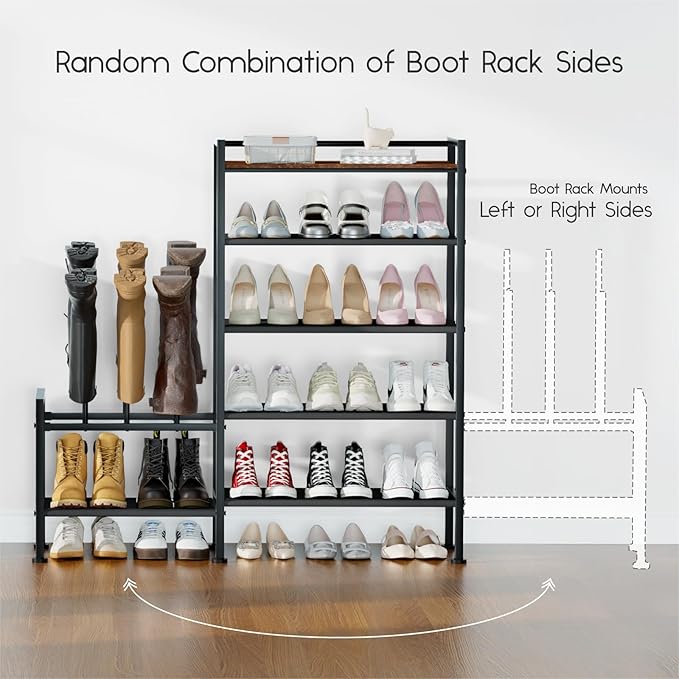 Shoe Rack Organizer and Storage - 5 Tier Metal Shoe Rack with Boot Storage & Side Any Combination - Space Saving Shoe Shelf for Entryway, Bedroom, Closet, Garage, Small Spaces