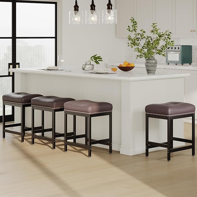 MALOL Set of 6 Saddle Bar Stools Counter Height 24.4”, Backless Barstools for Kitchen Island, Modern PU Leather Cushioned Seat, Bar Chairs for Kitchen Counter, Breakfast Bar Stools for Home,Brown