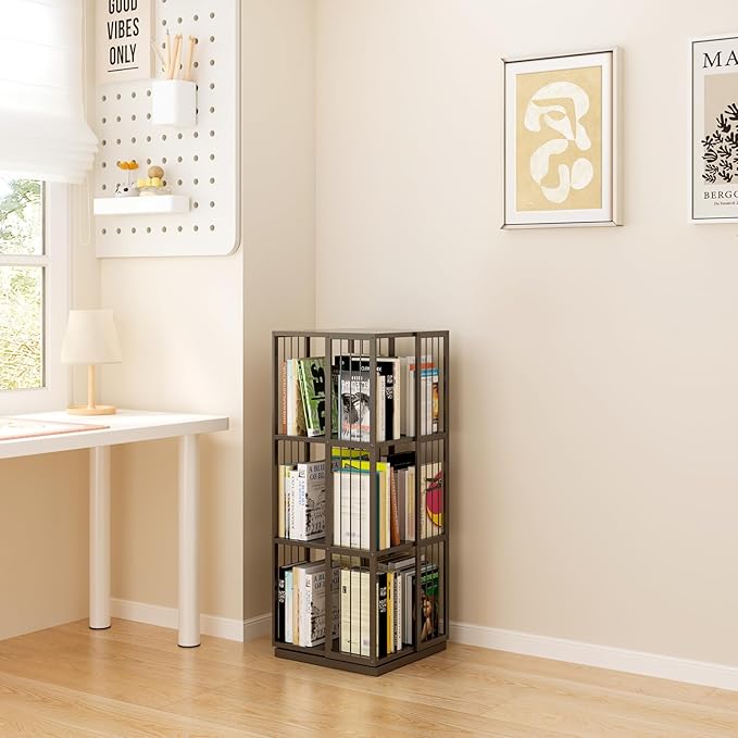 Square Rotating Bookshelf Tower - 360 Spinning Display Corner Bookcase for Narrow Space, Modern 3-Tier Revolving Storage Shelf, Black