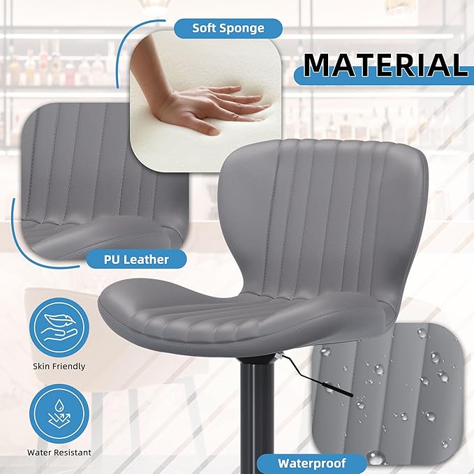Shintenchi Bar Stools Set of 4 Modern Swivel Bar Chairs, Counter Height Faux Leather Metal Barstools, Upholstered Island Chairs with Back and Footrest, Gray