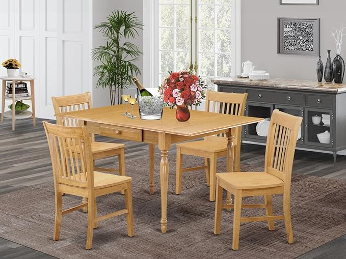 East West Furniture MZNO5-OAK-W 5 Piece Dining Room Table Set Includes a Rectangle Dining Table with Dropleaf and 4 Wood Seat Chairs, 36x54 Inch, Oak