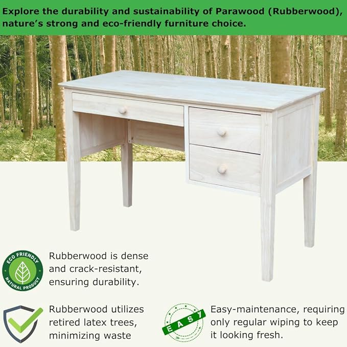 IC International Concepts, Brooklyn Desk, Solid Real Wood, Sturdy Parawood, DIY, Paint/Stain Ready, Unfinished