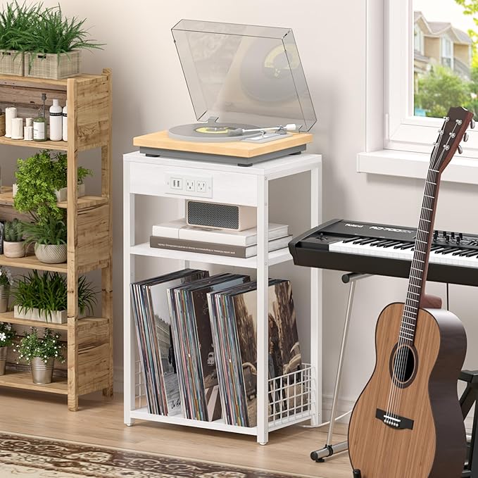 LELELINKY 3 Tier End Table with Charging Station, White Record Player Stand with Storage Up to 100 Albums Brown, Night Stand with USB Port, Nightstand for Small Spaces