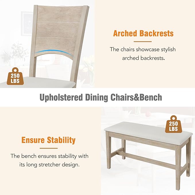 Ball & Cast 6 Piece Dining Table Set with 4 Upholstered Chairs & 1 Bench,Wooden Living Room Furniture for 6 W/ 59.1" Rectangle Kitchen Desk,for Restaurant,Home Bistro,Natural Wood