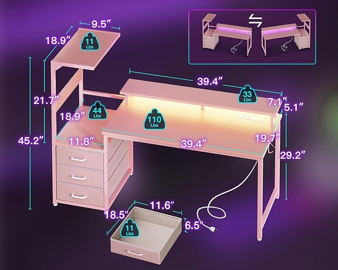 AODK 52 Inch Gaming Desk with USB Charging Ports & LED Light- Reversible Computer Desk with Storage Shelves & Monitor Stand, Modern Gamer Desk Table with Fabric Drawers & Side Hook, Carbon Fiber Pink