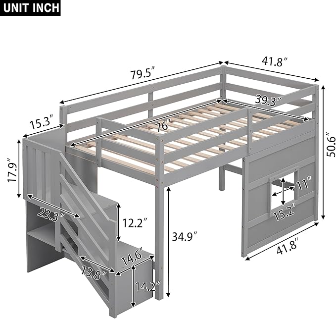 Twin Size Loft Bed with Storage Staircase and Window,Wood Twin Loft Bunk Bedframe with Full-Length Guardrail and Sturdy Slat Support, No Noise,No Box Spring Needed,for Kids,Teens,Boys,Girls,Gray