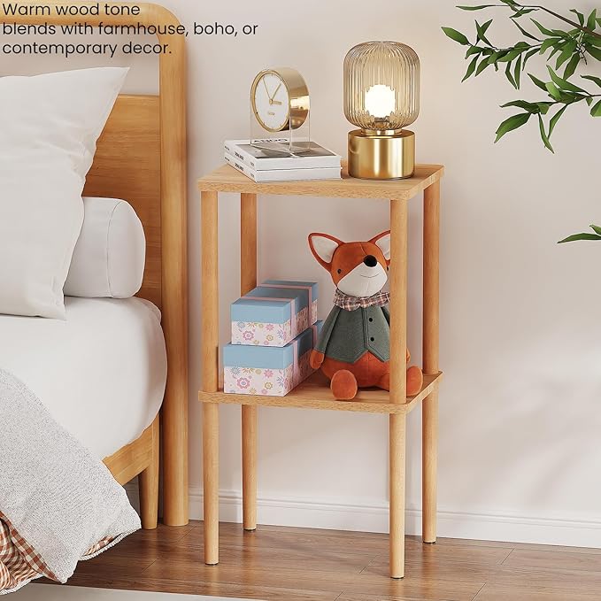 Solid Wood Side Table, 2-Tier Small End Table with Storage Shelf, Tall Nightstand Bedside Table for Bedroom, Living Room, Kids Room & Small Spaces. No-Tool Assembly.