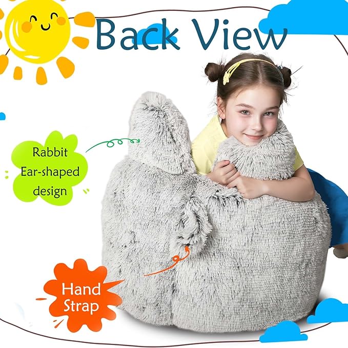 Bean Bag Chair for Kids with Plush Faux Fur Cover, 2.5FT Memory Foam Filled Bean Bag for Teens & Kids, Lazy Sofa for Living Room/Bedroom/Dorm, Rabbit-Ears Design