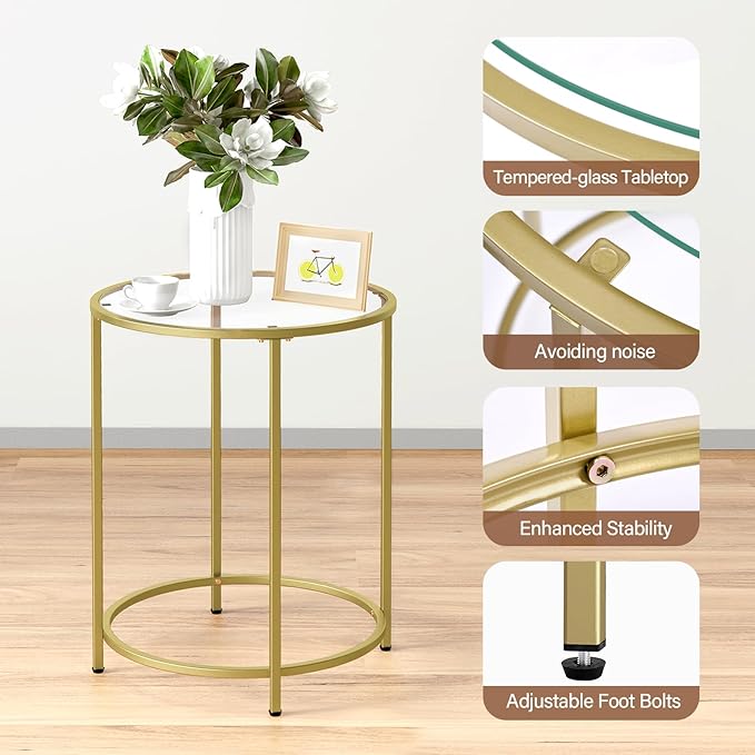 19.7’’ Round Glass End Table, Round Bedside Table with Tempered Glass Top, Gold Glass Side Table with Metal Frame, Modern Round End Table for Living Room Balcony Bedroom Porch Patio