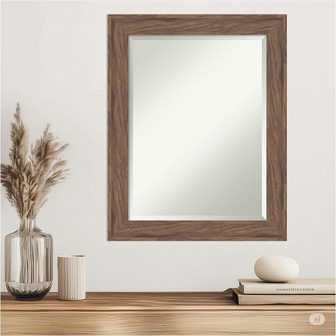 Amanti Art Brown Wall Mirror 29x23 Pia Medium Brown Rectangle Bathroom Mirror for Wall Decor Living Room, Medium Casual Frame, Hangs Horizonally and Vertically, Bathroom Decor, Beveled Edge