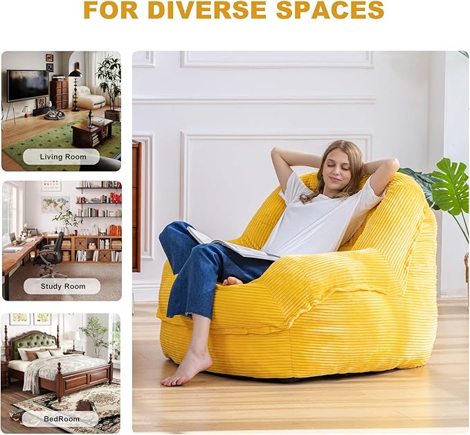 Giant Bean Bag Chair with Armrests - Oversized Cozy Seating for Adults, Corduroy Fabric & High - Density Foam Filling, Ideal Lounge for Living Room, Bedroom & Gaming Room (Corn Yellow)