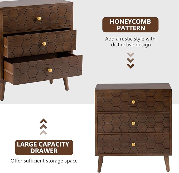COSIEST Modern End Table w 3 Storage Drawers, Night Stand w Honeycomb Pattern, Small Wood Chest, Accent Cabinet for Bedroom, Living Room(Brown,2 Pieces)