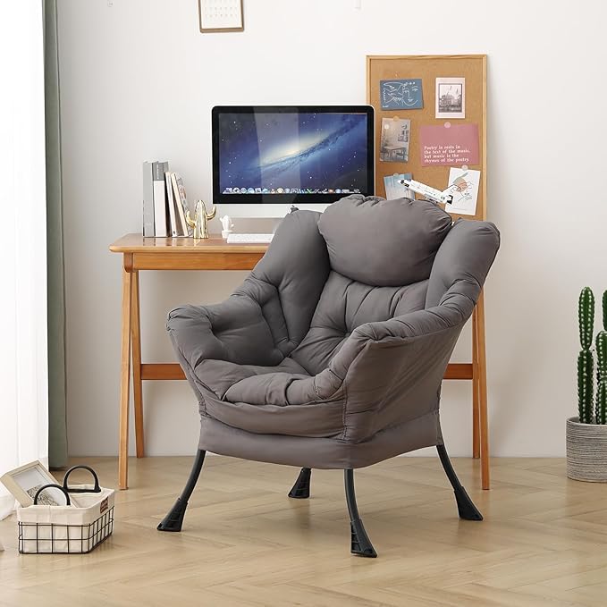 Lazy Chair for Living Room, Modern Accent Chairs with Armrests, Comfy Lounge Chair with Side Pocket, Cozy Lazy Sofa for Reading, Balcony, Bedroom, Dorm, Small Spaces (Dark Grey)