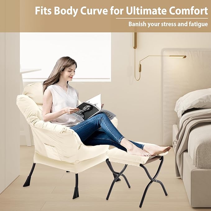 Lazy Chair with Folding Ottoman, Accent Chair Velvet Upholstered with Metal Structure and Non-Slip Pads, Sofa Armchair with Footrest and Side Storage Bag for Dorm, Room, Office, Beige