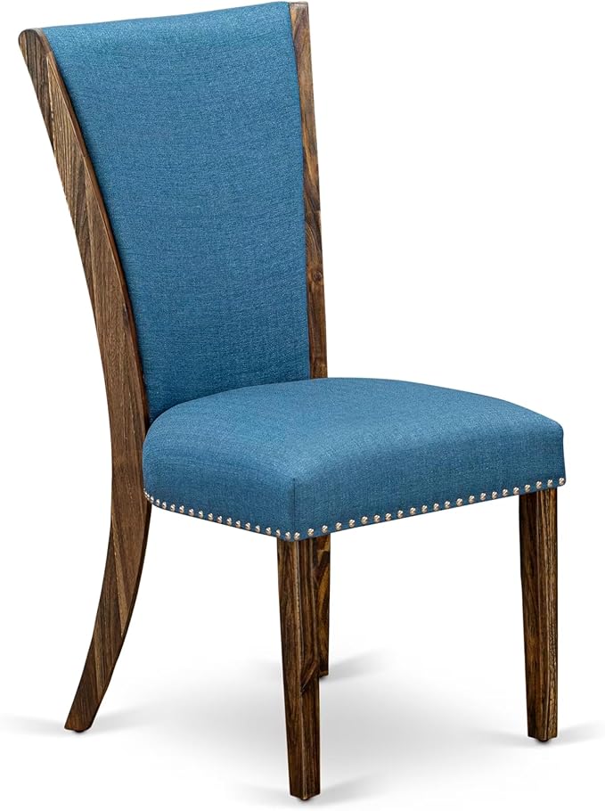 East West Furniture V777VE721-7 7 Piece Dining Room Table Set Consist of a Rectangle Dining Table with V-Legs and 6 Blue Color Linen Fabric Upholstered Chairs, 40x72 Inch, Multi-Color