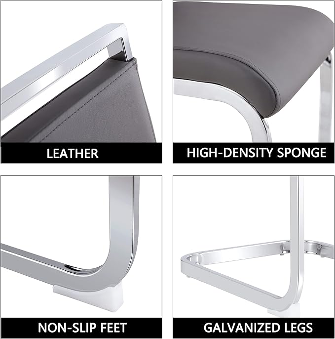 Dining Chairs Set, Kitchen Modern Metal Chairs with Faux Leather Padded Seat High Back and Sturdy Chrome Legs, Chairs for Dining Room (Grey, Set of 6)