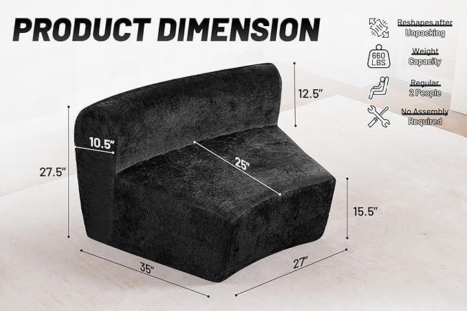 Homguava Modular Sectional Sofa, Memory Foam Couch Single Sofa Chair with Deep Seat, Modern Upholstered Sofa Couches for Living Room Apartment Office, No Assembly Required, Black