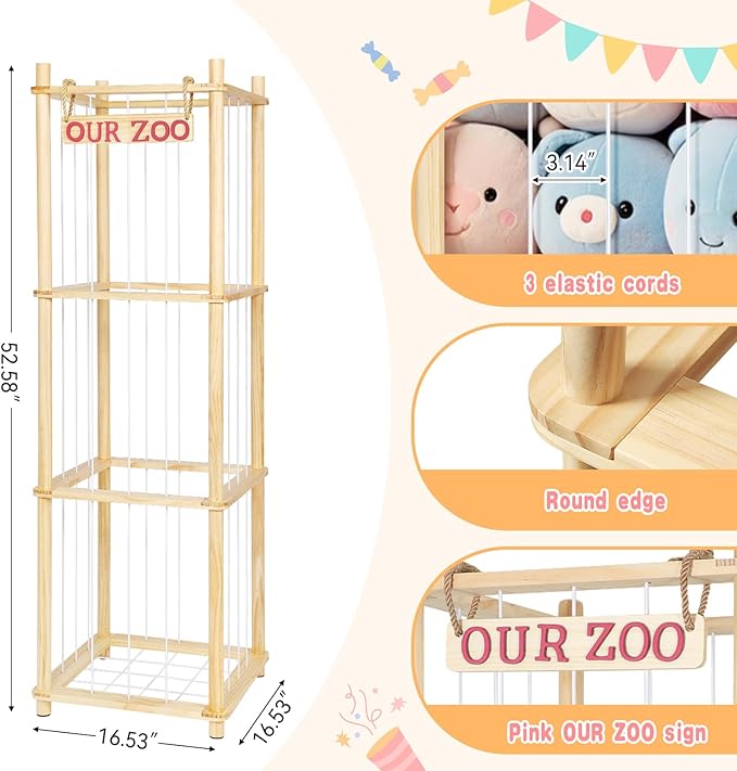 Stuffed Animal Storage - Tall Natural Pine Wood Toy Organizer with Elastic Cords & Shelf, Space-Saving Plushie Playhouse for Nursery, Playroom, Kids Bedroom - Easy Assembly
