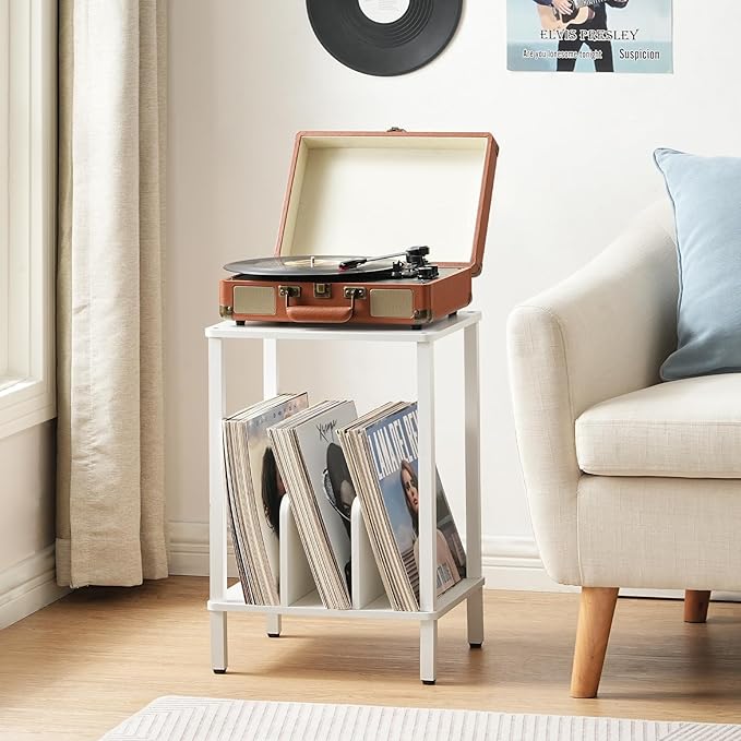 HOOBRO Record Player Stand, 2-Tier End Table, Vinyl Record Turntable Stand with Storage up to 100 Albums, Small Side Table for Living Room, Bedroom, White, WT05RS01