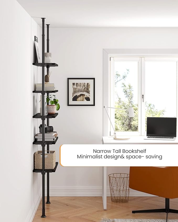 ALLZONE 5 Tiers Narrow Bookshelf, Tall Adjustable Ladder Book Shelf with Open Storage, Floor to Ceiling Tension Mount, Wooden Industrial Bookcase for Living Room, 92 to 116 Inch, Black