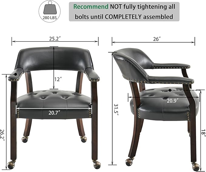 LEEMTORIG Large Dining Chairs with Casters and Arms, Rolling Dining Chairs with Wheels, Accent Game Poker Chairs, Boss Caption's Chairs, 26" D x 25.2" W x 31.5" H, Espresso Legs & Black PU, SY-318-BK
