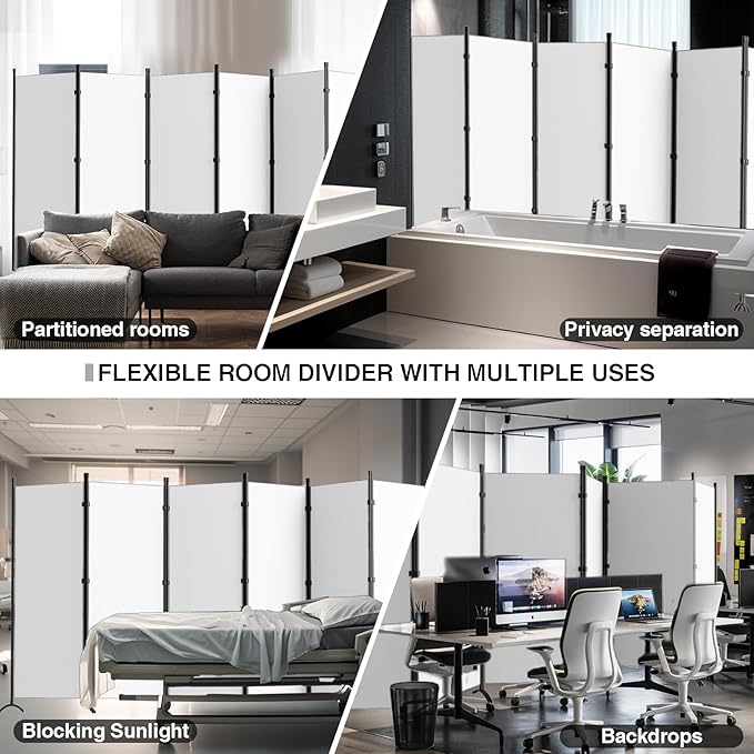 Room Divider 6-Panel Privacy Screen, Portable Screen Steel Frame with Hook&Loop for Home, Office, Classroom, Studio, Meeting (White)