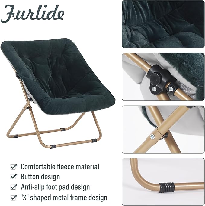 Saucer Chair, Comfy Bedroom Chairs, Oversized Folding Faux Fur Chair, Foldable Metal Frame Chair for Bedroom, Living Room, Balcony, Patio, Study, Playroom (Dark Green)