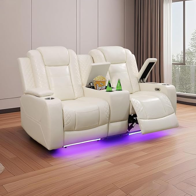 PU Leather Power Wall Hugger Chair Double Reclining Sectional Sofa 2-Seater Loveseat Couch with Center Storage Console & Armrests, USB Port, 4 Cup Holders and LED for Living Room RV Theater Seating