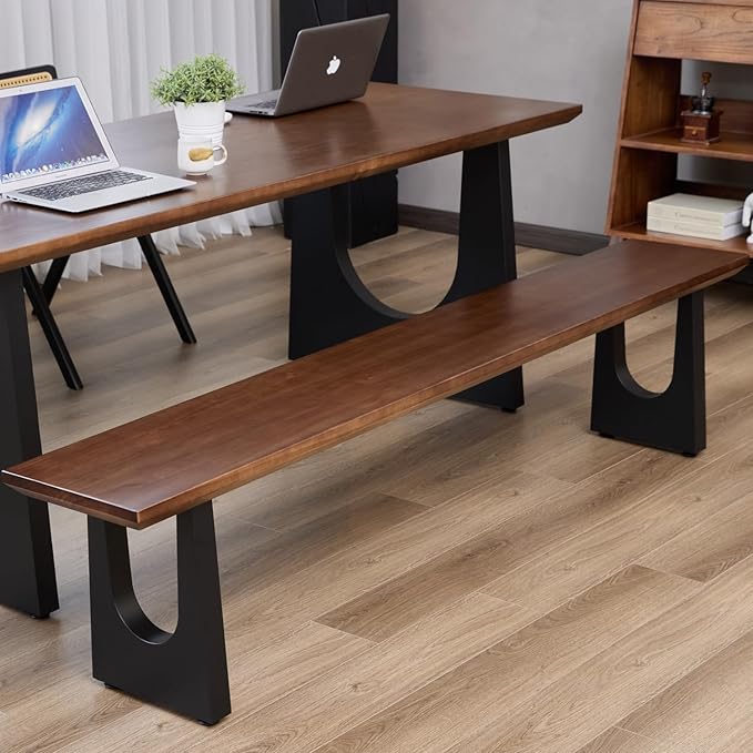 Walnut Color Long Bench Solid Wood Top Metal Legs U-Shaped Design Durable Sturdy Dining Bench Ideal for Office Home Restaurant Patio Multiple (Bench, 62.99in)