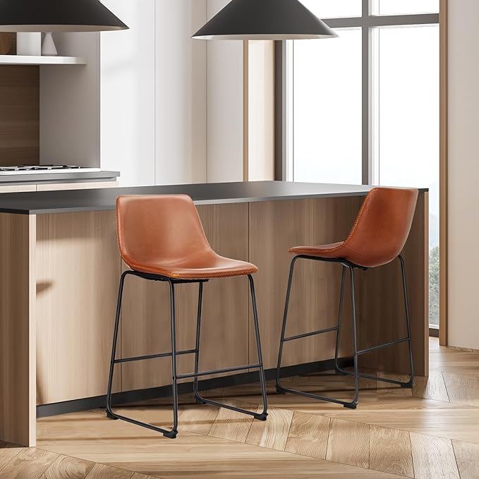 DUMOS 26 Inch Counter Height Bar Stools Set of 4, Modern Faux Leather High Barstools with Back and Metal Leg, Bar Chairs for Kitchen lsland, Brown