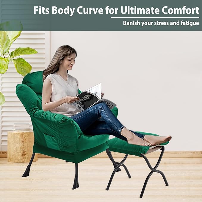 Lazy Chair with Folding Ottoman, Accent Chair Velvet Upholstered with Metal Structure and Non-Slip Pads, Sofa Armchair with Footrest and Side Storage Bag for Dorm, Room, Office, Green