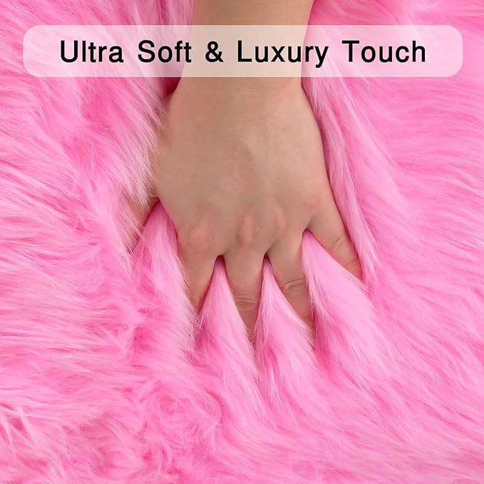 duduta Hot Pink Faux Sheepskin Throw Rug 2x3 ft, Fluffy Shag Girls Bedside Dorm Rug Fur Seat Chair Covers Washable