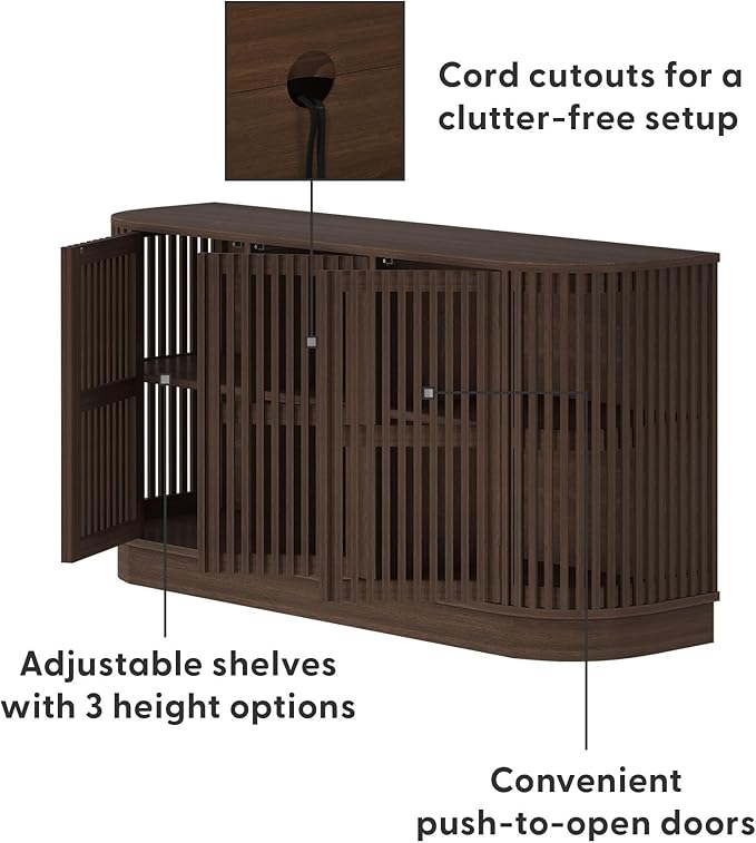 Plank+Beam Contour Wood TV Stand, Three Door Solid Wood Entertainment Console with Storage, 59" L x 16" W x 30" H, Walnut