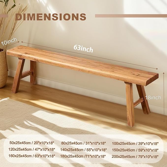 Farmhouse Solid Wood Bench: Long Rustic Indoor Narrow Wooden Bench for Entryway,Living Room, Dining Room,End of Bed,Hallway (63" Lx10 Wx18 H)