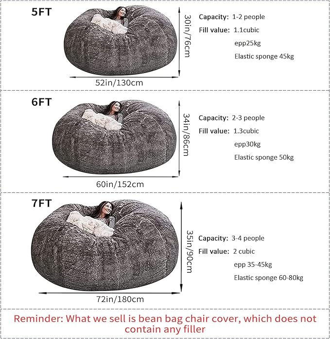 Giant Fur Bean Bag Chair Cover for Kids Adults, (No Filler) Living Room Furniture Big Round Soft Fluffy Faux Fur Beanbag Lazy Sofa Bed Cover (Purple, 5FT)