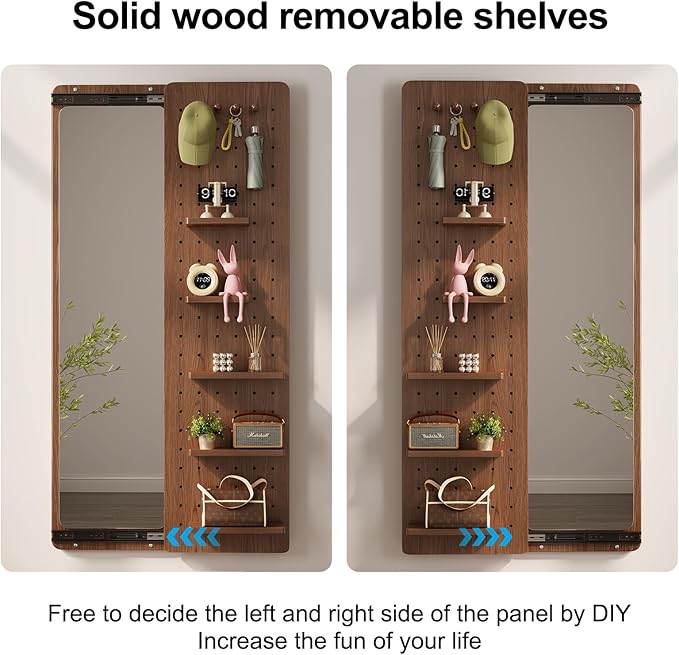 KungFuWood Full Length Mirror with Shelf and Hooks,Entry Way Mirrors for Wall,Wall Mirror with Shelf,Wall Mirror with Storage Multifunctional Design Panel,Living Room