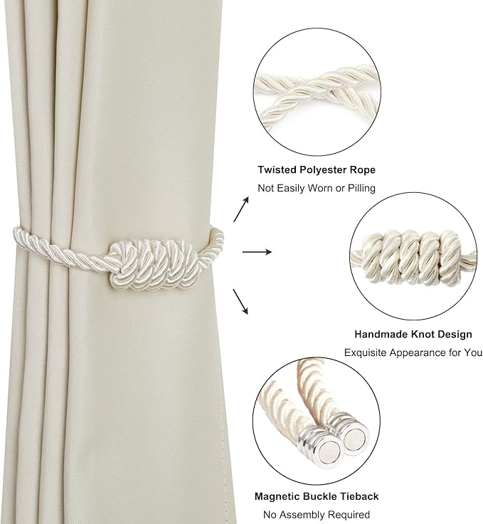 BEL AVENIR Magnetic Curtain Tiebacks, Decorative Drapery Holdbacks Modern Woven Tie-Backs with Exquisite Knot (Beige, 6 Pack)
