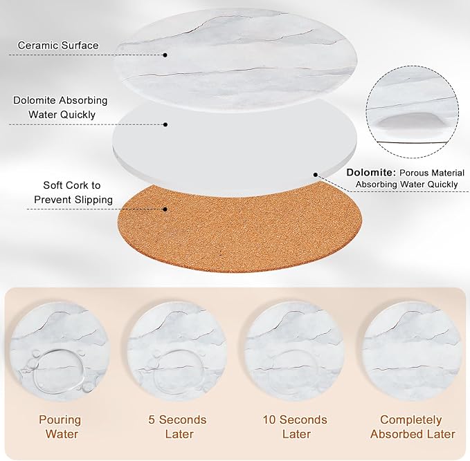 3-Pcs 7'' Ceramic Marble Style Trivet with Holder, Absorbent Trivets for Hot Dishes, Cork Bottom Anti-Slip Trivet Mats for Hot Pots and Pans