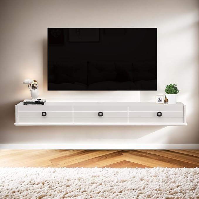 Pmnianhua High Gross Floating TV Stand,74″ Solid Wood Wall Mounted TV Console,Floating Entertainment Center with Door and 2 Drawers,Under TV Shelf for TVs up to 85''(White)