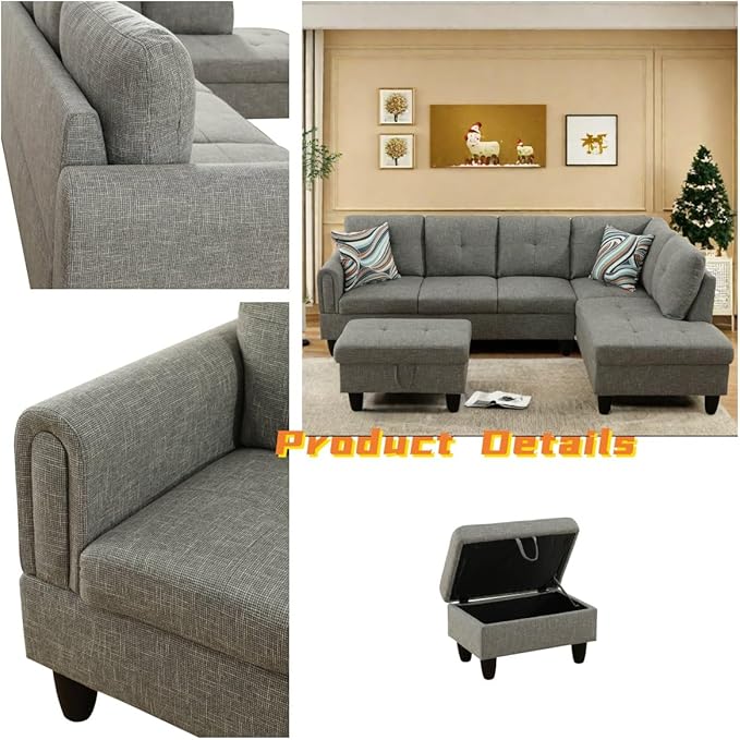 L Shaped Sectional Couch with Otttoman, 97" Sectional Sofa for Living Room Flannel Modular Couches with Cup Holders for Bedroom, Apartments, Grey