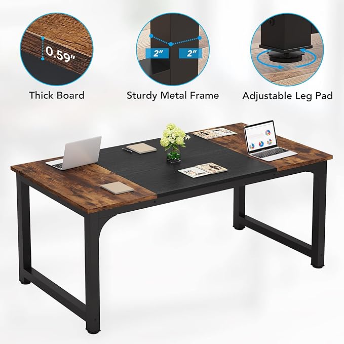 LITTLE TREE 63 Inch Large Executive Computer Office Desk, Brown+Black